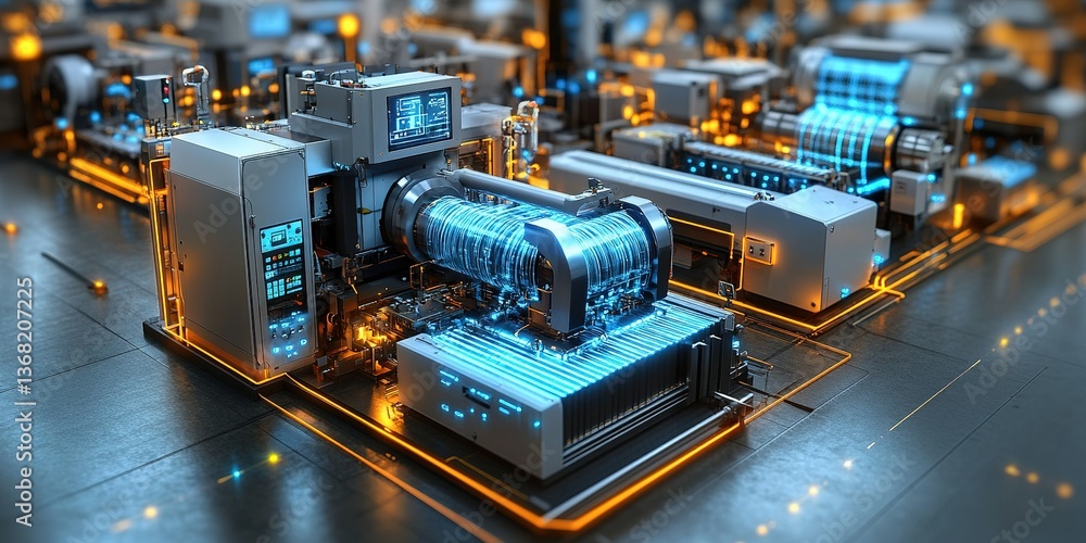 Poster automated industrial machinery performs manufacturing processes in a futuristic factory with advance