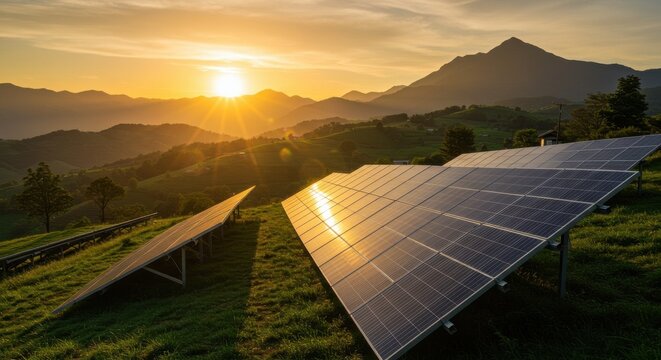 Solar panels installation in a green field with mountain backdrop at sunset creating renewable energy