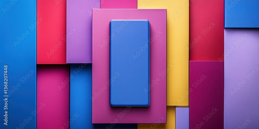 Poster blue rectangle laying on a magenta square against a colorful geometric background of various rectang