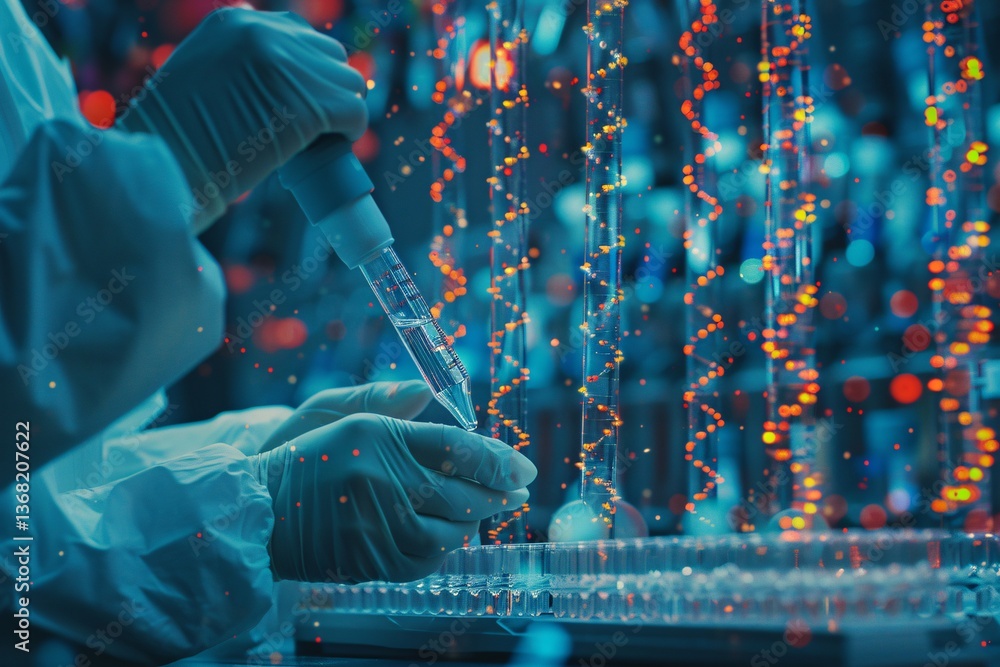 Aufkleber Scientist using micropipette to drop liquid samples in test tubes with augmented reality dna strands in modern laboratory