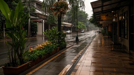 Fototapeta premium Rainy street scene urban city photography wet environment eye-level view serenity and reflection