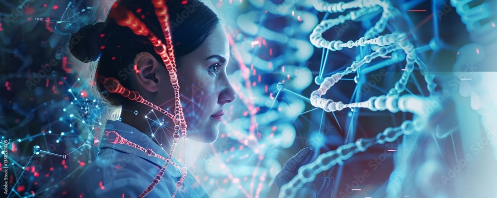 Poster Scientist examining a dna double helix using advanced technology in a research lab