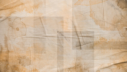 Stained, dirty, and distressed cream white, brown, orange, and tan vintage paper texture. Folded and faded, torn, ripped, peeling and creased from old age. Old news paper background, antique yellow