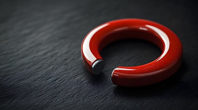 Red horseshoe magnet with silver tips gleams against deep black background, highlighted by dramatic side lighting on textured slate in studio shot.