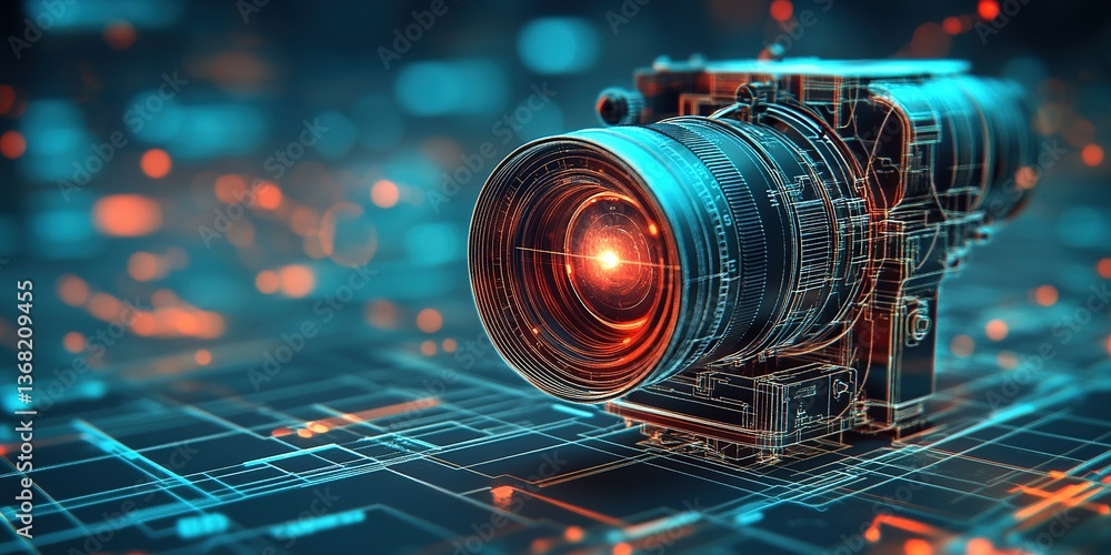 Poster digital camera with lens flare rests on a futuristic blue grid with orange bokeh, appearing as a tec
