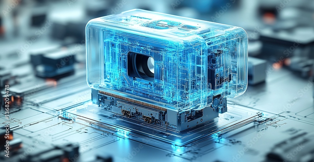 Aufkleber clear futuristic camera module rests on a complex motherboard during manufacturing