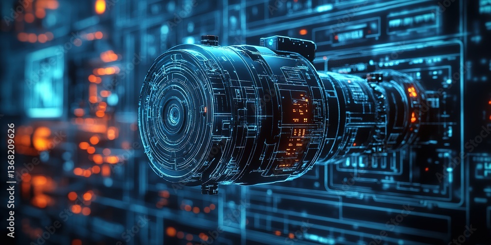 Poster futuristic tech device with intricate detailing and glowing elements stands out against a complex ci