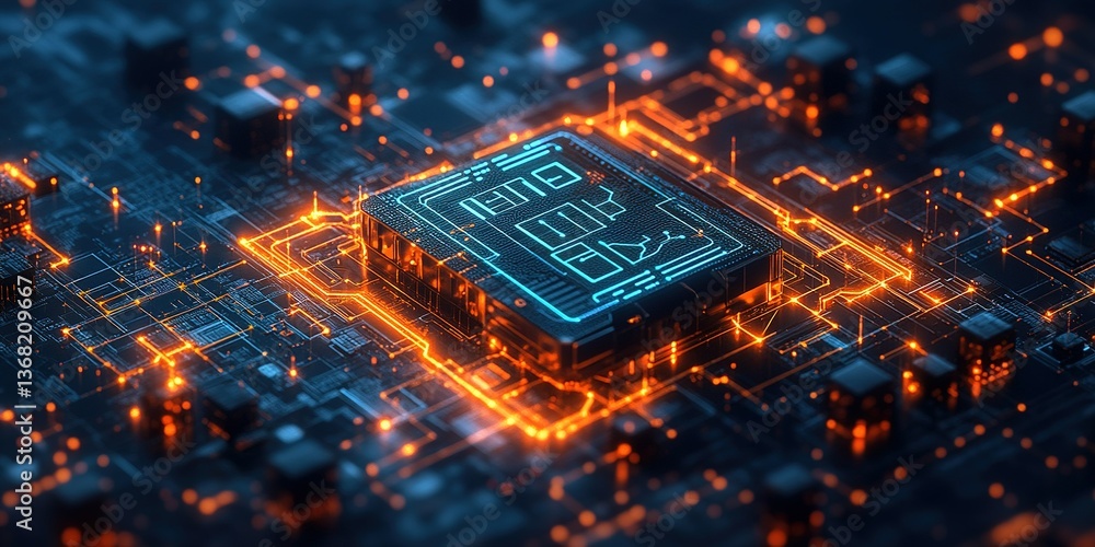 Poster detailed render of an advanced microchip with glowing orange connections and bright blue elements on