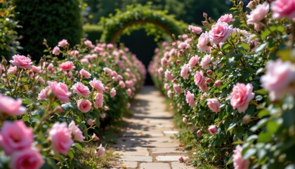 Fragrant rose bushes line the pathways, their delicate petals gently swaying in the breeze.