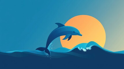 Fototapeta premium DolphinJumpingAboveWavesDuringSunsetInOceanWithVibrantColorsOfSkyAndCalmWaterCreatingAestheticNatureSceneForDigitalArt