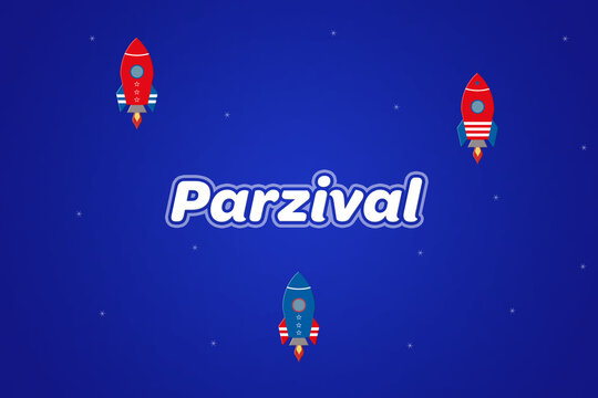 Parzival male boy name illustration in blue with rockets.