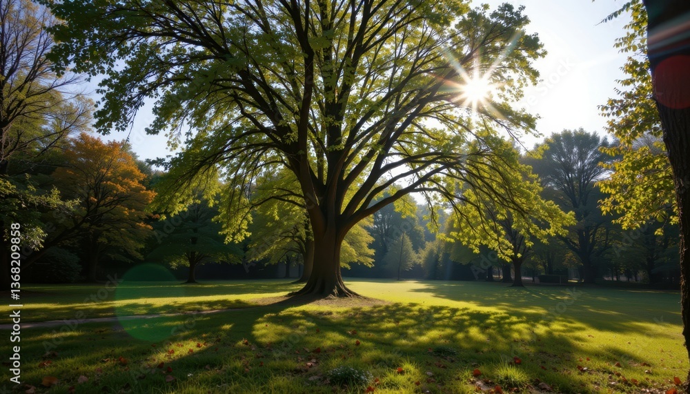 Poster sunlight filters through the leaves of towering trees, casting dappled shadows on the ground below.