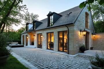 A contemporary stone house featuring expansive windows, nestled amid lush trees, creates a stunning scene during the enchanting twilight hours