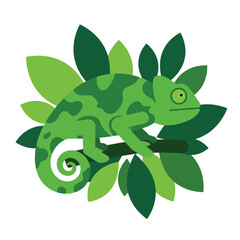 Chameleon perched on leafy branch in flat green style vector art