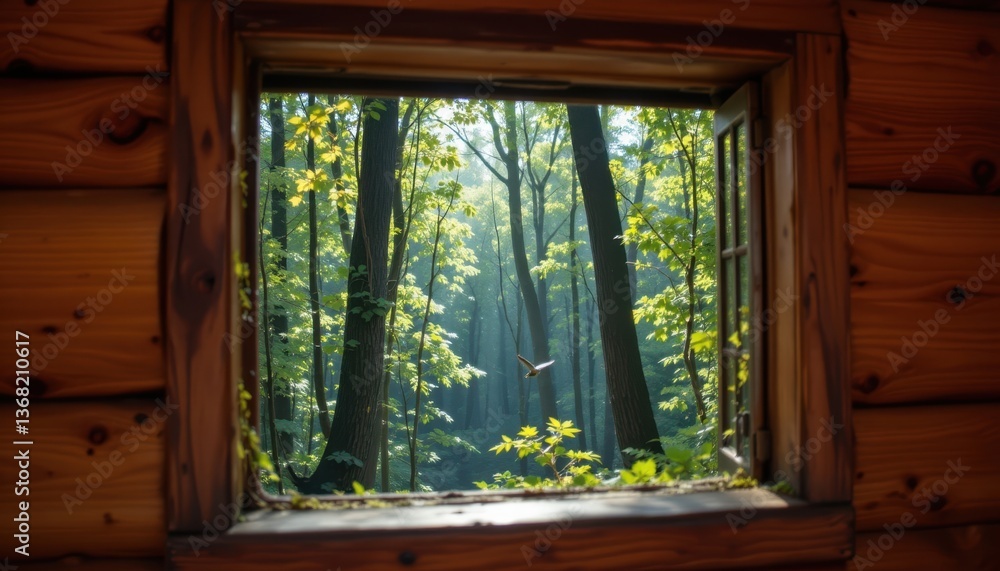 Poster a tiny window in the treehouse offers a glimpse of the forest below, with birds flitting through the