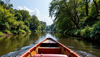 A peaceful boat ride down a tranquil river surrounded by lush greenery on both banks.