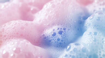 Fototapeta premium Dreamy Closeup of Soft Pink and Sky Blue Soap Foam Cells with Gentle Pastel Gradient