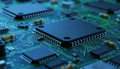 Obraz premium Close-up of circuit board featuring microchip and electronic components showcasing technology advancements.