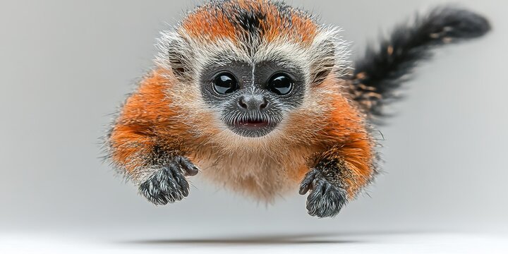 Cute coppery titi monkey leaping forward with its big dark eyes on display in studio setting