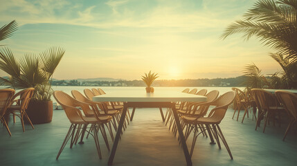 Fototapeta premium Wooden dining table on the beach, Beachside restaurant in summer with sunset view.