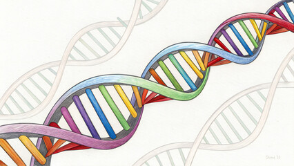 A colorful 3d illustration of a DNA helix strand, its spiral shape a vibrant blue and pink, against a stark white background, representing gene research and medical science