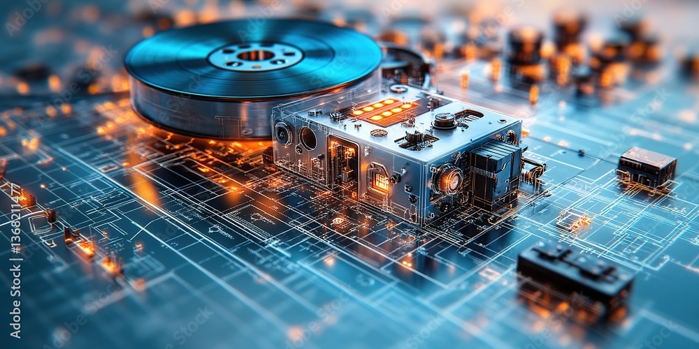 Poster futuristic circuit board with components and wiring in a digital setting