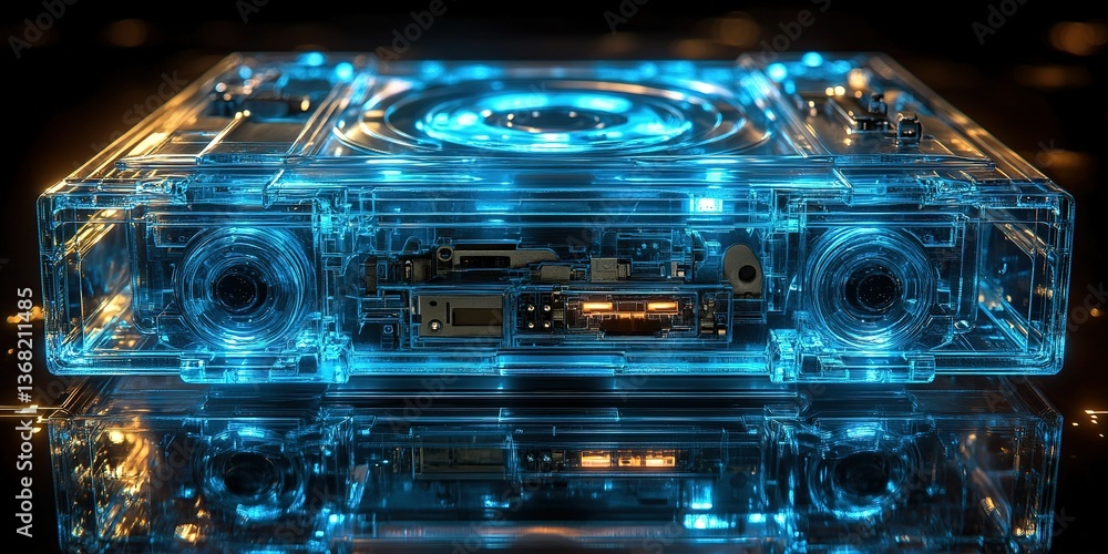 Poster transparent technological device box with visible internal components and glowing blue accent lighti