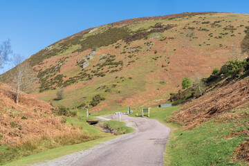 Start of a hiking route on the Long Mynd hill in Shropshire, UK at Carding Mill Valley