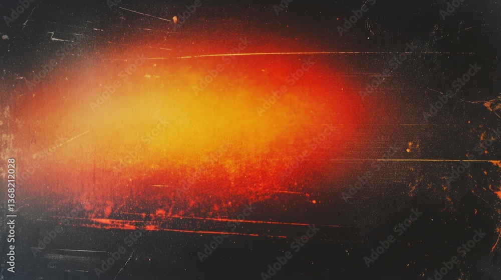 Poster Abstract grunge background with glowing orange and yellow color gradients blending into black cinematic texture, vintage film grain overlay creating retro atmosphere in high-resolution detail. Artisti