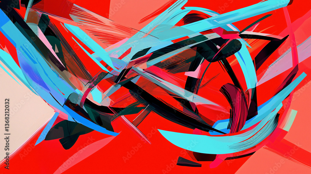 Poster striking red and blue abstract painting capturing the essence of speed and movement through intense 