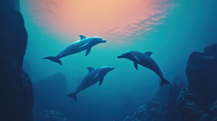 Three graceful dolphins swimming in a serene underwater world, showcasing vibrant colors and a tranquil ocean environment with natural light effects