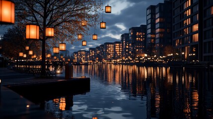 Fototapeta premium Evening lantern festival by the river urban landscape nighttime photography serene atmosphere tranquil viewpoint