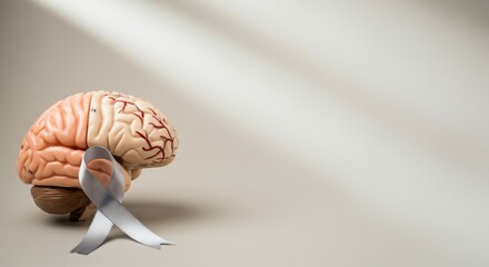 Brain model with grey ribbon promoting brain health awareness