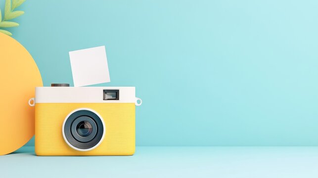 Vintage Camera with Instant Film on Colorful Background in Studio