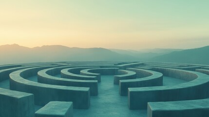 Serene Outdoor Maze at Sunrise with Pastel Tones and Soft Landscapes, Perfect for Creative Projects on Journey, Exploration, and Decision-Making Themes