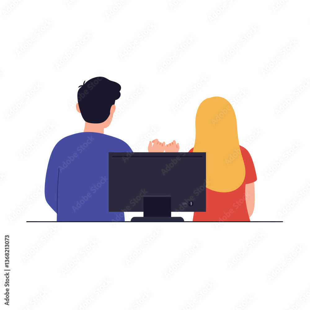 Aufkleber two people observing a computer screen in a flat vector illustration