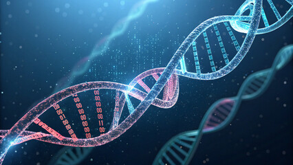 A 3D abstract blue illustration of a DNA helix strand, representing molecular biology and gene research