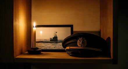 Navy hat and submarine photo by candlelight, creating solemn memory tribute