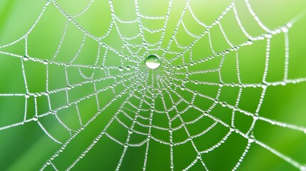 Obraz premium Glistening Dew on Spider Web in Morning Sunlight, Nature's Intricate Design