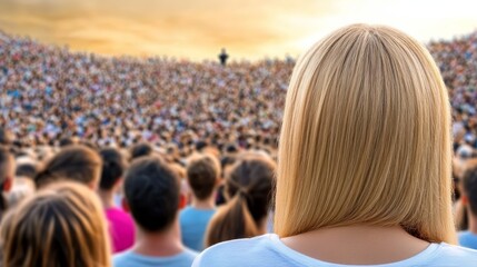 A large crowd of diverse people with glowing faces watching an inspiring event together in a tightly packed space