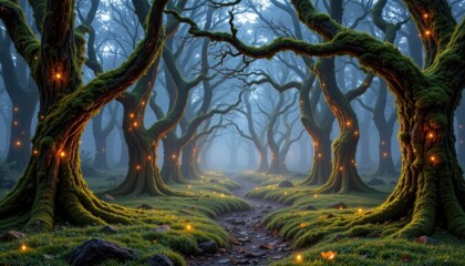 Moss covered trees with soft, glowing lights that guide your way through the enchanted forest.
