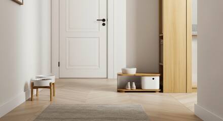 Modern minimalist hallway with simple furniture and bright lighting