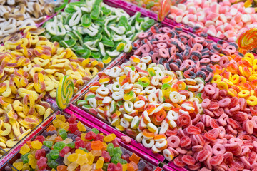 Delicious gummy treats displayed in candy shop