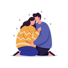 Couple embracing in warm sweaters, minimal design, cozy vibe, vector illustration