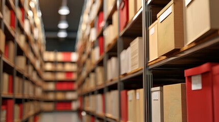 Fototapeta premium A focused view of a storage area filled with neatly organized boxes on shelves, creating an orderly and systematic environment, health info records management.