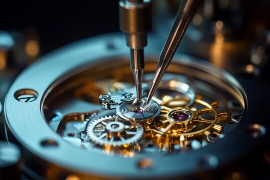 Close-up of Precision Watchmaking Process with Tools and Intricate Mechanisms in Focus