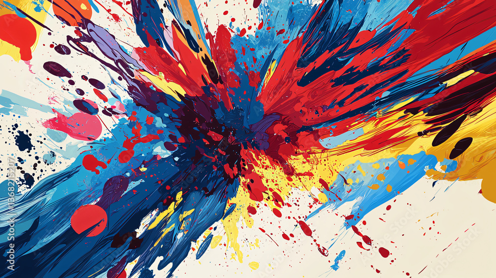 Poster vibrant abstract expressionist artwork featuring bold splashes of red and blue paint in an energetic