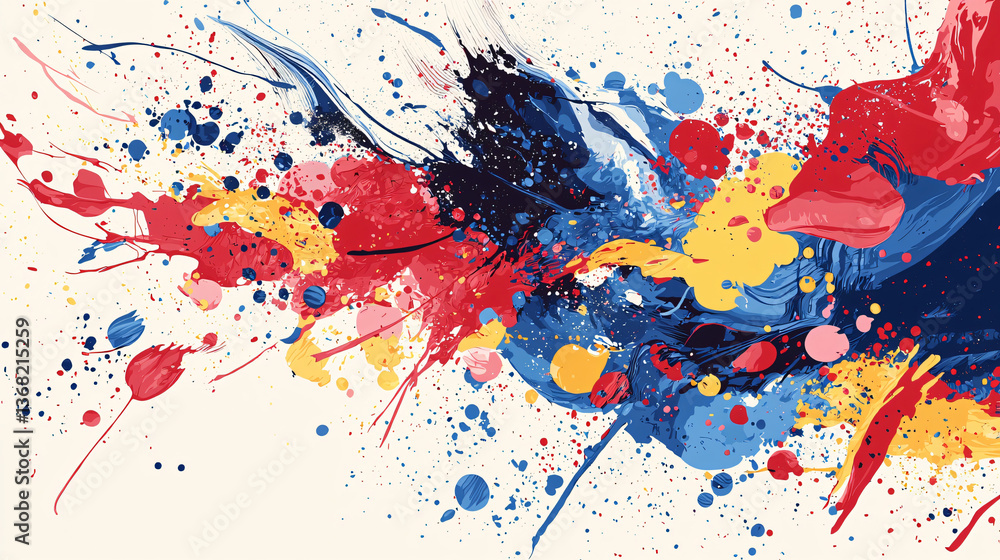Poster dynamic and colorful splash of paint in abstract expressionist style with striking red and blue hues