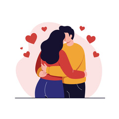 Couple embracing in love surrounded by hearts in flat vector illustration