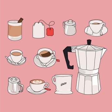 Pastel Coffee and Te Icon Set Illustration